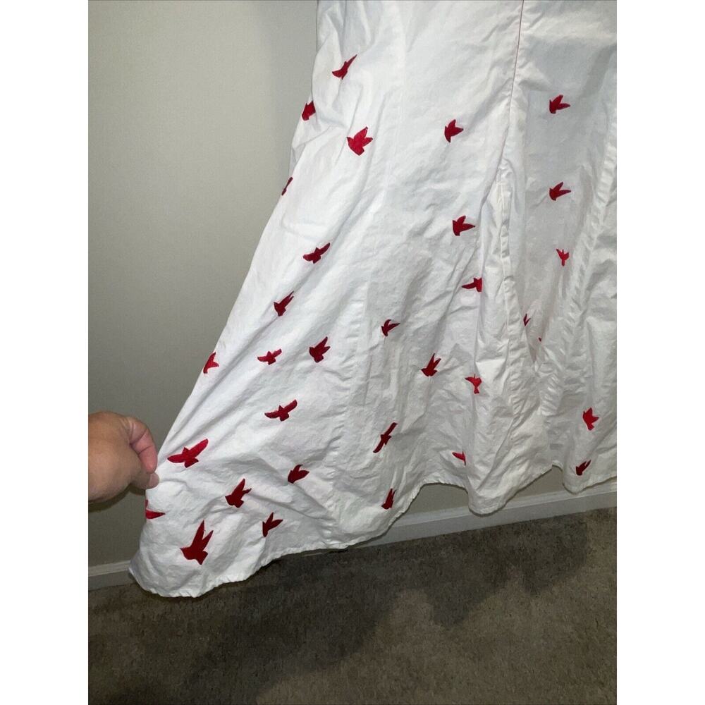 Eshakti Size L 14 Red White Stripe Bird Dress Full Flare Skirt Sleeveless Pocket - Picture 10 of 15
